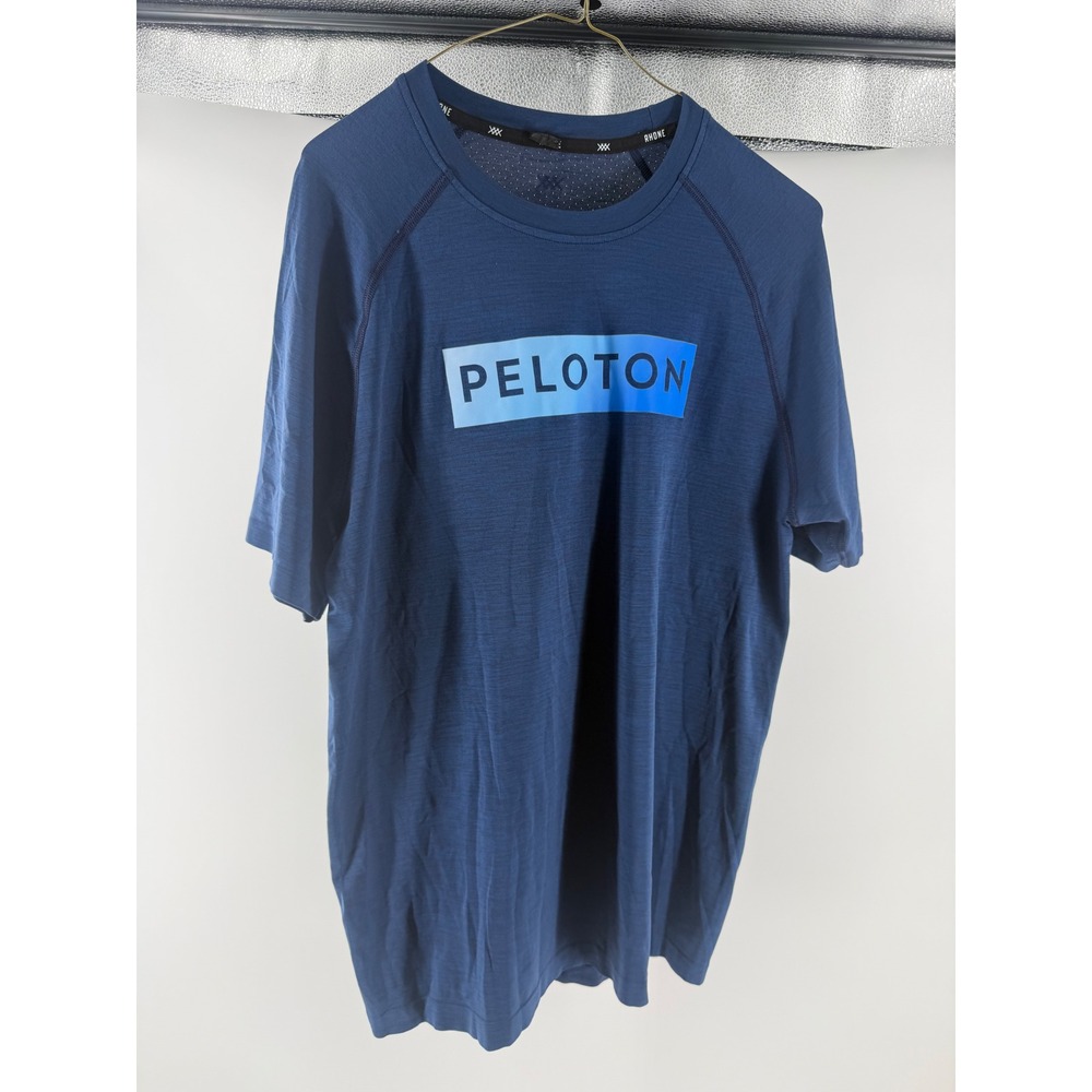 Rhone x Peloton Mens Reign Short Sleeve Training Shirt Navy Blue Logo Tee